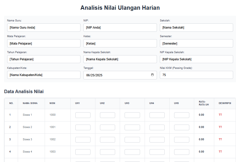 Aplikasi Analisis Nilai Ulangan Harian Sederhana Menggunakan Web HTML, mudah dan praktis